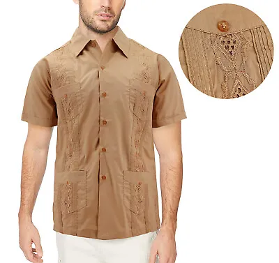 Men's Cuban Beach Wedding Button-Up Khaki Embroidered Guayabera Dress Shirt • $13.64