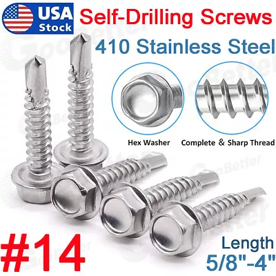 #14 Hex Washer Head Self Drilling Sheet Metal Tek Screws 410 Stainless Steel UNC • $5.55