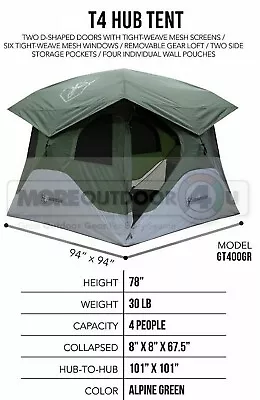 GT400GR 4 Person Gazelle T4 Hub Tent Alpine Green Hiking Camping MFG RESELL • $300