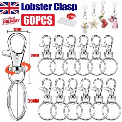 60pcs Lobster Key Rings Clasps 37mm Silver Key Ring Hook Swivel Trigger Clips UK • £6.59