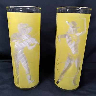 2 Vintage Frosted Tom Collins Glass MCM Kitsch Yellow Cowgirl & CowBoy  Glasses • $19.99