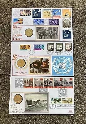 3 X Military 50th Anniversary Stamp Coin Covers D-Day / United Nations & VE Day • £9.99
