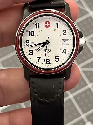 1990 Vintage Swiss Army 33m Watch White Dial Gunmetal Case Red Bezel New Batt • $59