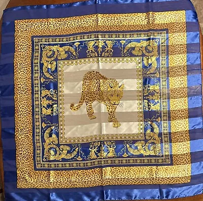 VERSACE Designer Leopard Silk Scarf 40” X 40” Blue And Gold Vintage • $66.60