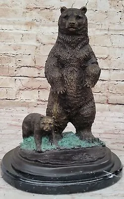 Large Moigniez Papa Bear Standing With Cub Bronze Sculpture Marble Base Figure • $469