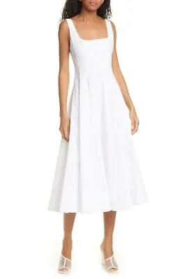 $269 • Buy NWT STAUD Wells Stretch Cotton Poplin Midi Fit & Flare Dress White 8 $235