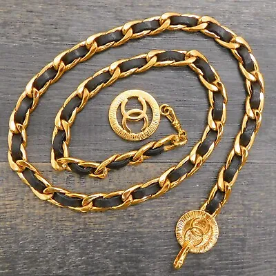 CHANEL Gold Plated & Black Leather CC Logos Vintage Chain Belt #474c Rise-on • £613.30