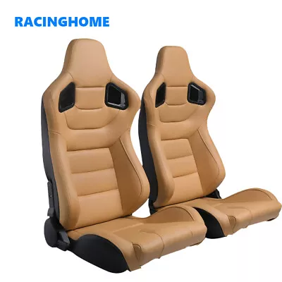 1 Pair Universal Reclinable Racing Seats & Dual Sliders Beige PVC Leather • $406.66