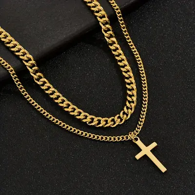 Mens Double Layer Cross Pendant Necklace - Gold • £24.99