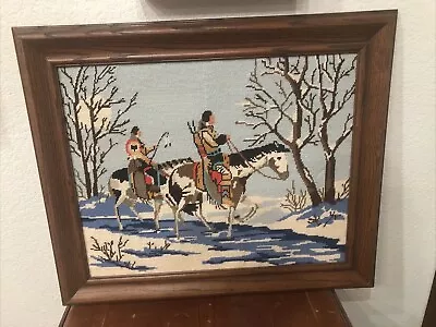 VTG Native Americans  Riding Horses In Snow Needlepoint Picture Framed • $99