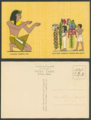 Egypt Old Postcard Pharaoh Adoring God Egyptians Offering Flowers Hieroglyphic • £4.99