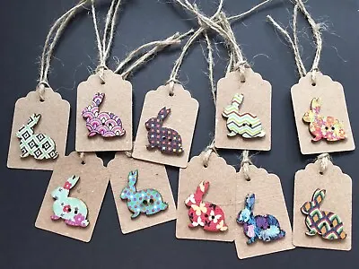 10 Cute Kraft Mixed Wooden Button Easter Bunny Rabbit Tags With  Jute Ties • £2.45