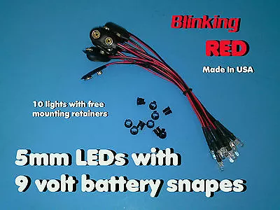 10 Pcs 5mm BLINKING ~ RED ~ PRE WIRED LEDs 9 VOLT LED ON BATTERY SNAPS 9V CLIP • $9.99