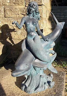 Large Mermaid And Dolphin Resin Bronze Effect Figurine Naked Top 40cm Tall • £55