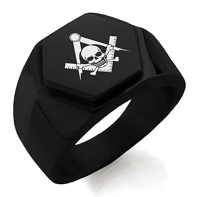Stainless Steel Masonic Skull & Crossbones Symbol Mens Hexagon Crest Signet Ring • $16