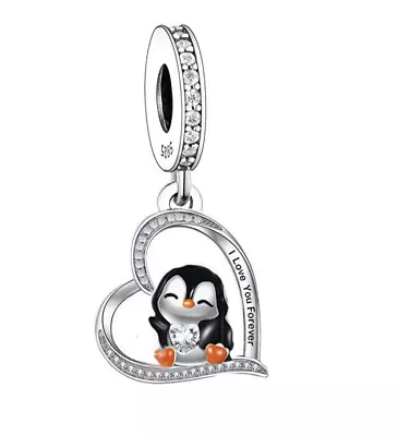 Sterling Silver 925 I Love You Forever Love You Heart Penguin Dangle Charm Bead • £19.95