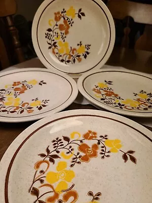 Homer Laughlin Set Of 4  Vintage 10 1/4” Dinner Plates Brown Yellow Gold Flowers • $19.99