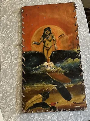 Vintage Hawaii Folk Art Surfing Painting On Wood Nude Surfer Girl  • $130