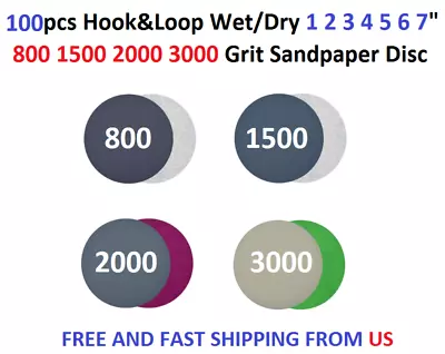 100pcs Hook&Loop Wet/Dry 1 2 3 4 5 6 7  800 1500 2000 3000 Grit Sandpaper Disc • $64.99