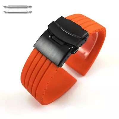 Orange Rubber Silicone Watch Band Strap Double Locking Black PVD Steel Buckle • $14.95