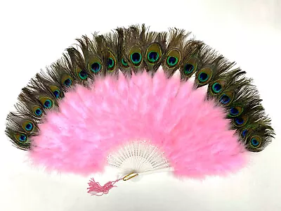 PINK Marabou Feather Fan W/ One Sided PEACOCK 30  X 15  Halloween Costume Dance • $24.29