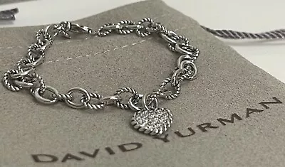 David Yurman Silver Cookie Classic Pave Diamond Heart Charm Bracelet Small C-52 • $319