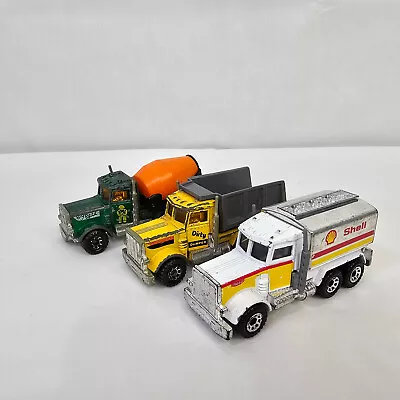 Lot Of 3 Vintage 1981 Matchbox Peterbilts Shell Tanker Dump Truck & Cement Mixer • $15.59