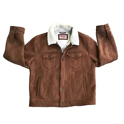 Levis Suede Leather Sherpa Trucker Jacket Size Medium Premium Brown Men Button • $129.97