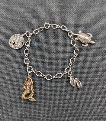 Vtg Sterling Silver Sandollar Mermaid Flip Flops Sea Turtle Charms 925 Bracelet  • $41.39