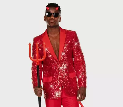 NWT Tipsey Elves Men's 3XL Devil Costume Red Sequin Blazer W/Tail & Horns • $35.90