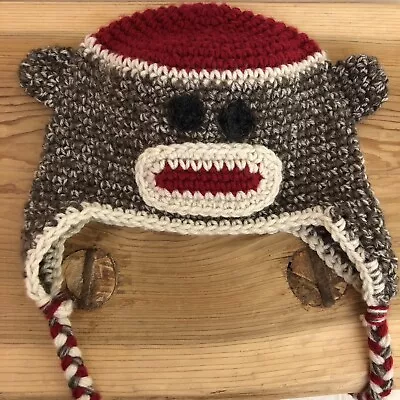 £19.81 • Buy Toddler Sock Monkey Beanie Hat Ear Flaps Hand Knit And Tassels Brown Red Cream