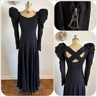 1930s Peak Mutton Sleeve Dress Old Hollywood Morticia Vamp Spooky Talon Bell VTG • $275