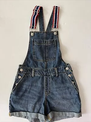 Forever 2 Denim Overall Shorts With Rolled Hem Size XS Suspenders Bibs Red Blue • $13.53