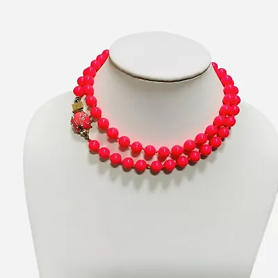 J Crew Beaded Necklace Neon Pink Lady Bug Clasp Rhinestone Long Hand Knotted • $35