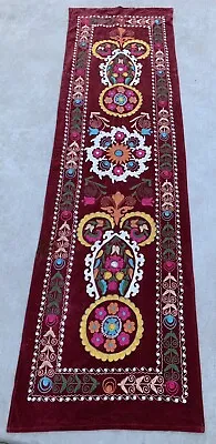 Uzbek Suzani Embroidered Velvet Tapestry Table Runner Vintage • $95