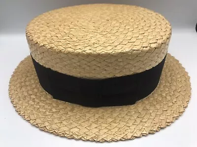 Vintage Whitehall Straw Boater Hat Size 7 1/4 With Black Band - Made In Japan • $49.98