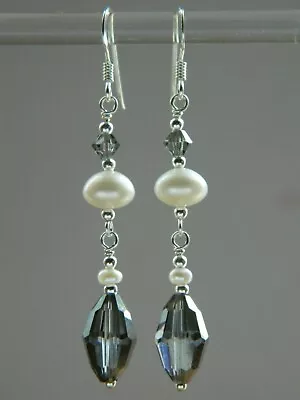 £9.99 • Buy Vintage Grey AB Glass, Freshwater Pearls, Swarovski Crystal, 925 Silver Earrings