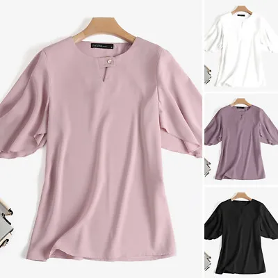 Womens Ladies Flare Short Sleeve T Shirts Casual Holiday Plain Solid Tops Blouse • $20.78