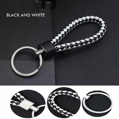 1x Car Accessories Keychain Black& White Leather Rope Strap Weave Key Ring Chain • $6.25