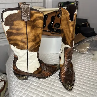 Giuseppe Zanotti Brown White Calf Hair Rhinestone Cowboy Boots SZ 37 • $400