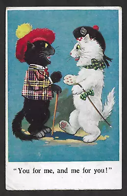 Artist Drawn Old Postcard Scots White Black Cats Greet Each Other Inter Art 1929 • £6.99