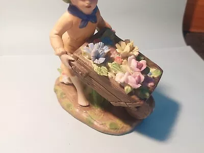 GIRL  With Wheelbarrow Of Flowers Porcelain  Ornament 12cm X13cm • $18.50