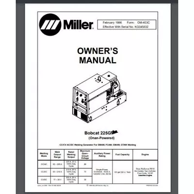 Miller BOBCAT 225G+ WELDER Operation & Maintenance Owner Manual Parts List Book • $16.95