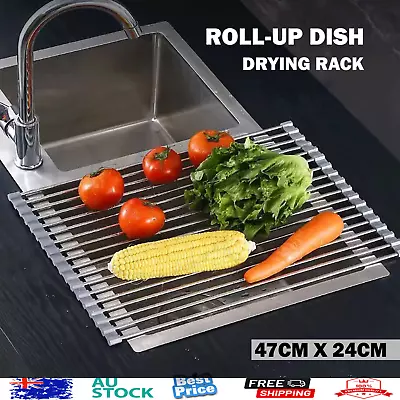 Kitchen Dish Drying Rack Roll Up Foldable Drainer Over Sink 304-Stainless Steel • $21.95