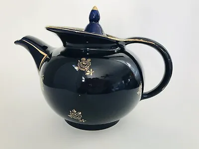 Vintage Hall Windshield Teapot 6 Cup Cobalt With Gold Roses Lid Damaged • $15