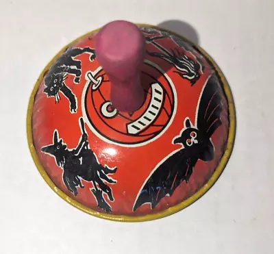 Vintage Tin Litho Halloween Noisemaker 1940s Witch Bat Cat Jack O Lantern • $29.95