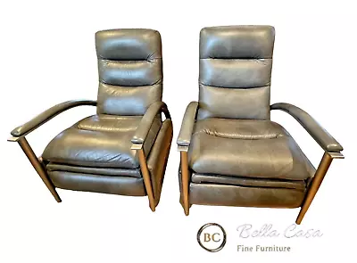 Ethan Allen Radius Brushed Nickel Gray Leather MCM Modern Recliner PAIR RARE EUC • $3995