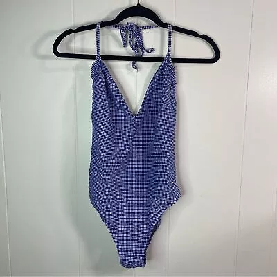 J. Crew Womens 8 Bathing Suit One Piece Halter Blue White Gingham Print Swimsuit • $15