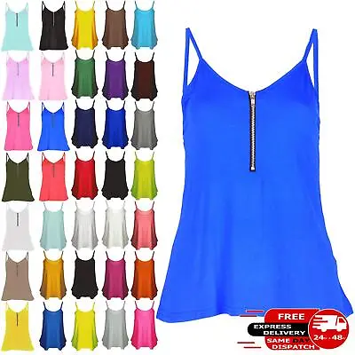 Womens Plain Flared Swing Vest Front Zip Cami Strappy Ladies Top Plus Size • £5.49