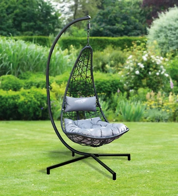 Swing Hanging Egg Chair With Stand Outdoor Garden Rattan Chairs With Cushions • £156.90